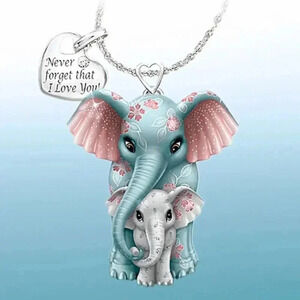 Lovely Heart with Lettering Mother & Child Elephant Pendant Necklace